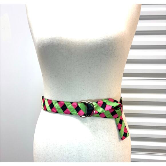 Vintage Talbots 1980s Pink Green Ribbon Grosgrain D-Ring Belt Preppy Classic - Picture 2 of 5
